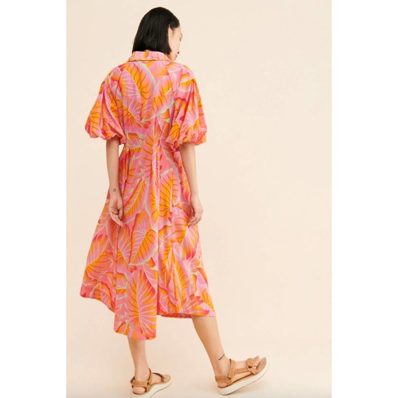 Farm Rio Bright Forest Button Front Midi Dress In Orange Size Medium New - Picture 3 of 16